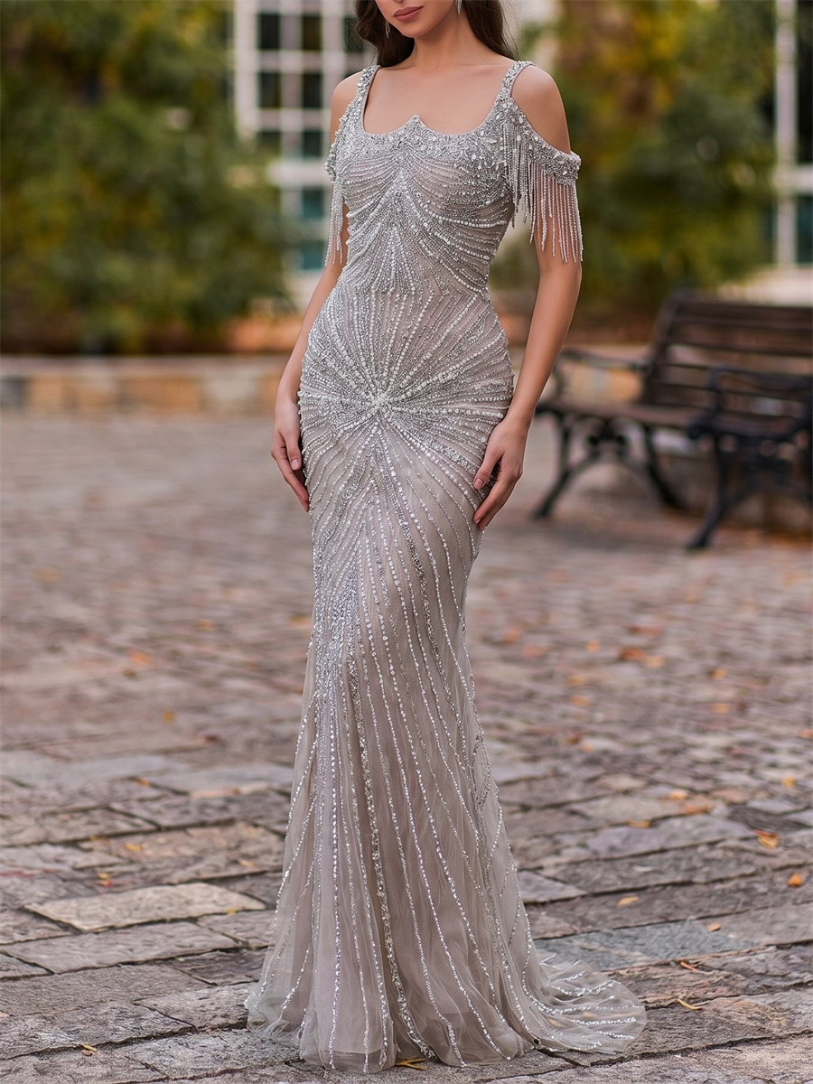 Sheath/Column Cold Shoulder Rhinestone Sweep Train Tulle Mother of the Bride Dresses