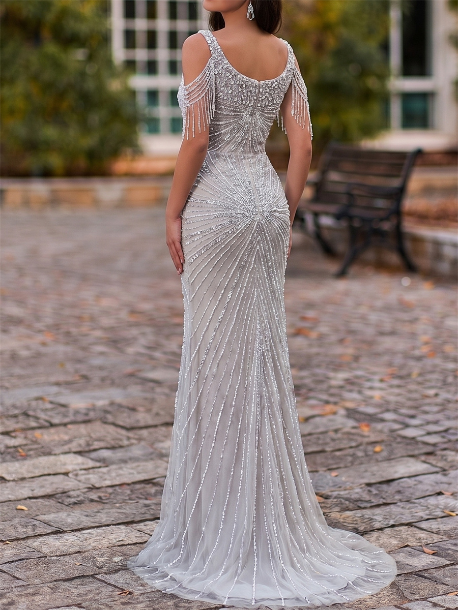 Sheath/Column Cold Shoulder Rhinestone Sweep Train Tulle Mother of the Bride Dresses