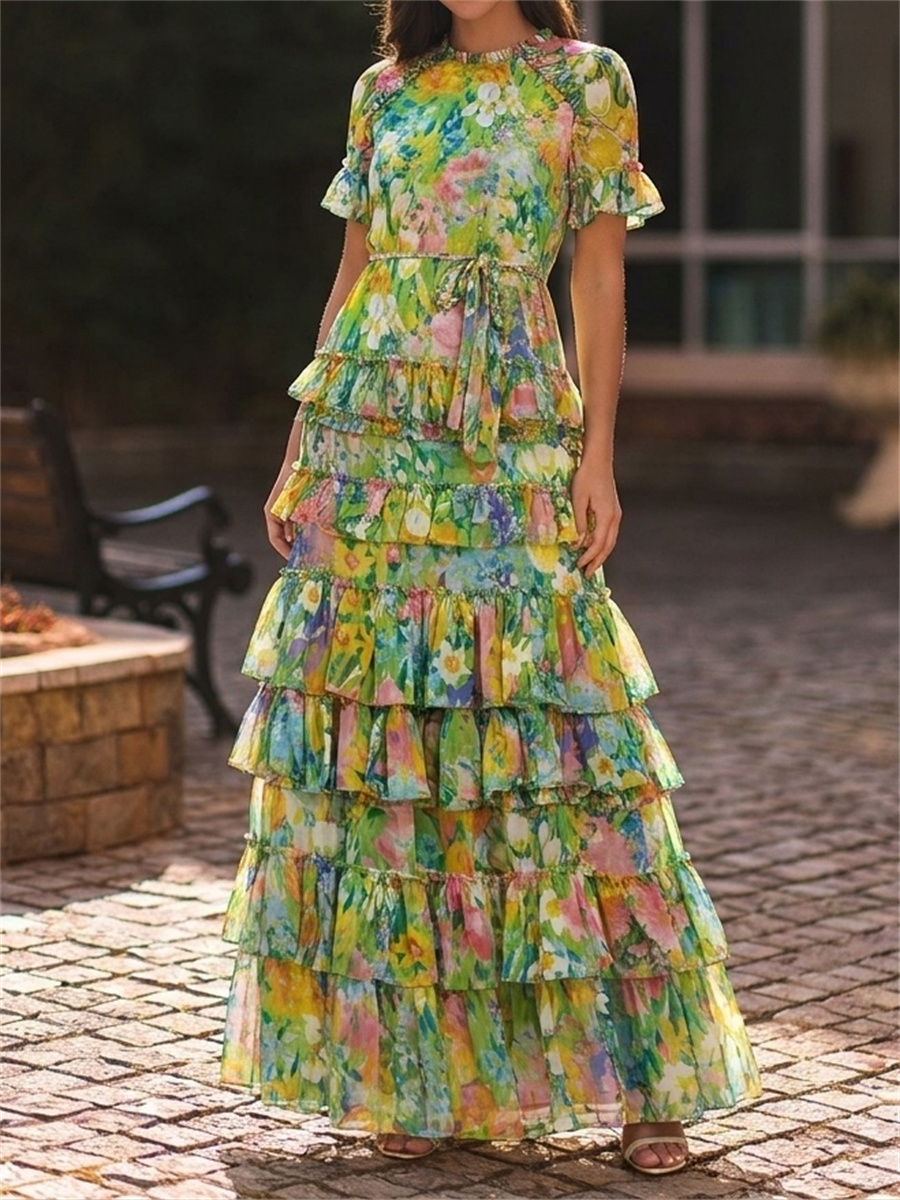 A-line/Princess Jewel Short Sleeves Cascading Ruffles Ankle-Length Chiffon Mother of the Bride Dresses
