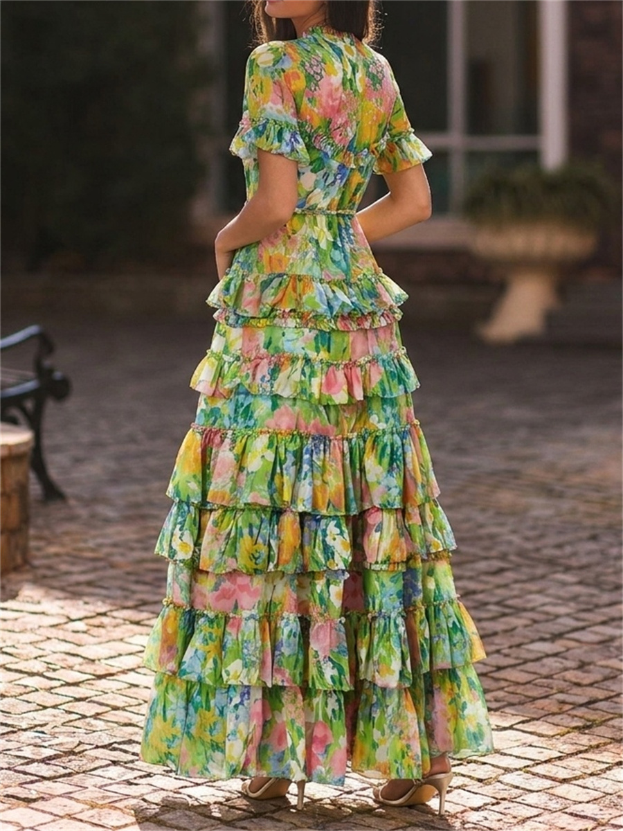 A-line/Princess Jewel Short Sleeves Cascading Ruffles Ankle-Length Chiffon Mother of the Bride Dresses