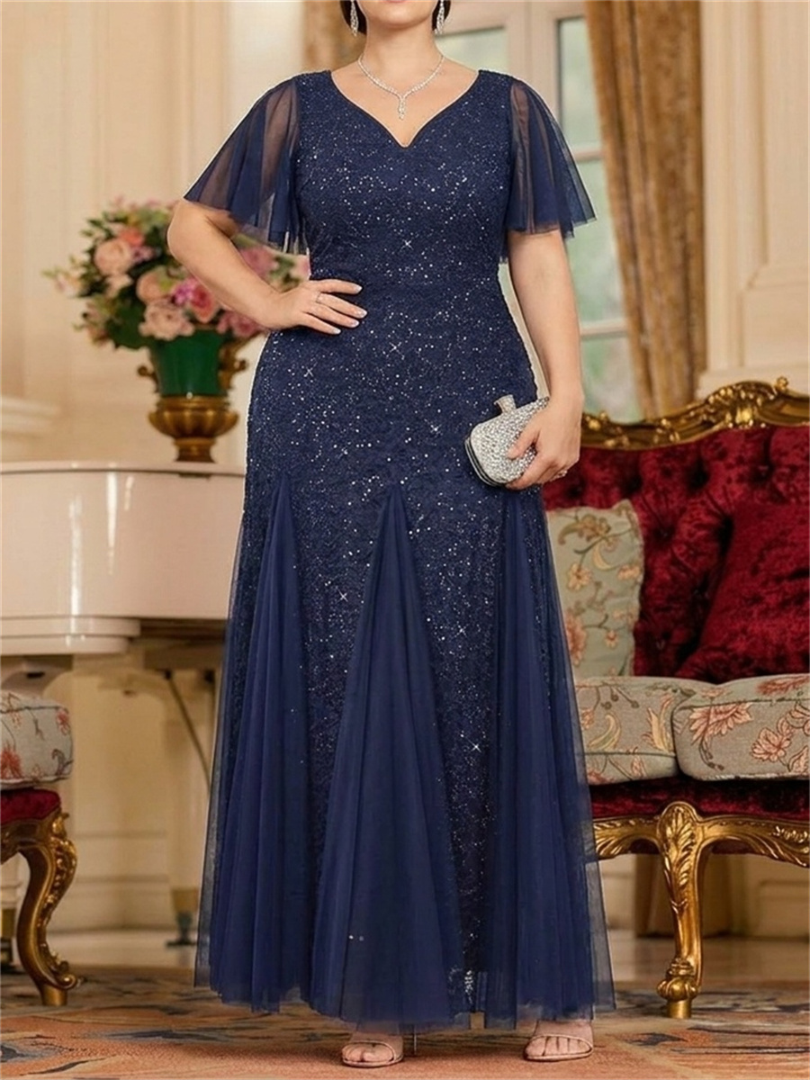 A-line/Princess V-neck Short Sleeves Sequin Ankle-Length Tulle Mother of the Bride Dresses
