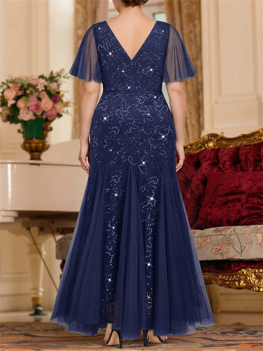 A-line/Princess V-neck Short Sleeves Sequin Ankle-Length Tulle Mother of the Bride Dresses