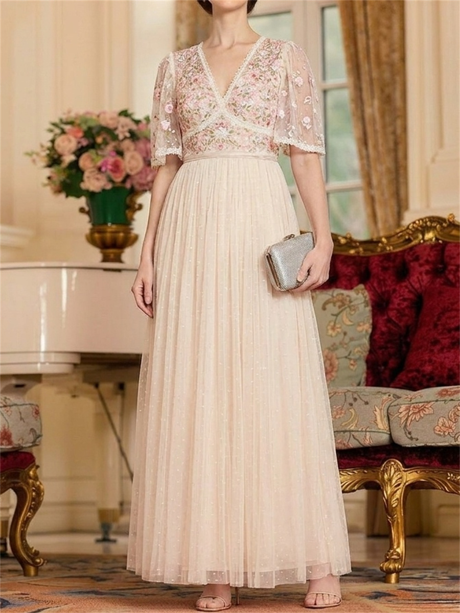 A-line/Princess V-neck Short Sleeves Appliques Lace Ankle-Length Tulle Mother of the Bride Dresses