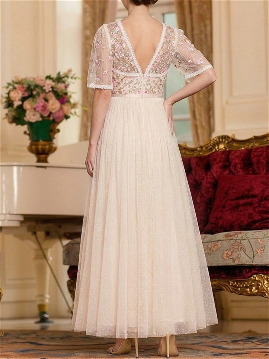 A-line/Princess V-neck Short Sleeves Appliques Lace Ankle-Length Tulle Mother of the Bride Dresses