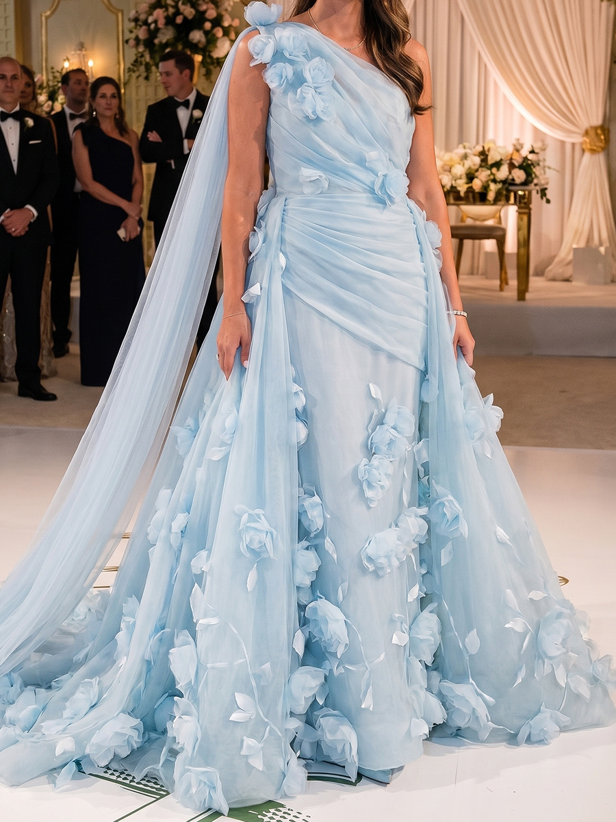 A-line/Princess One-Shoulder Flower Sweep Train Lace Mother of the Bride Dresses