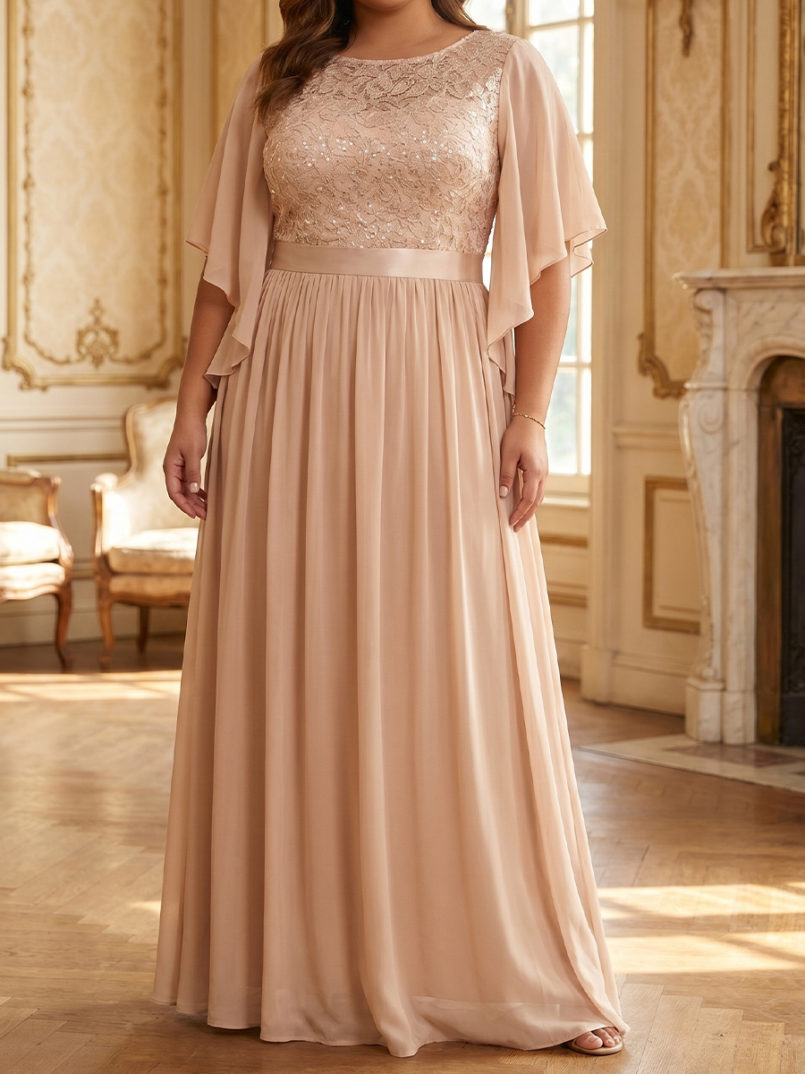 A-line/Princess Scoop 1/2 Sleeves Appliques Lace Floor-Length Chiffon Mother of the Bride Dresses