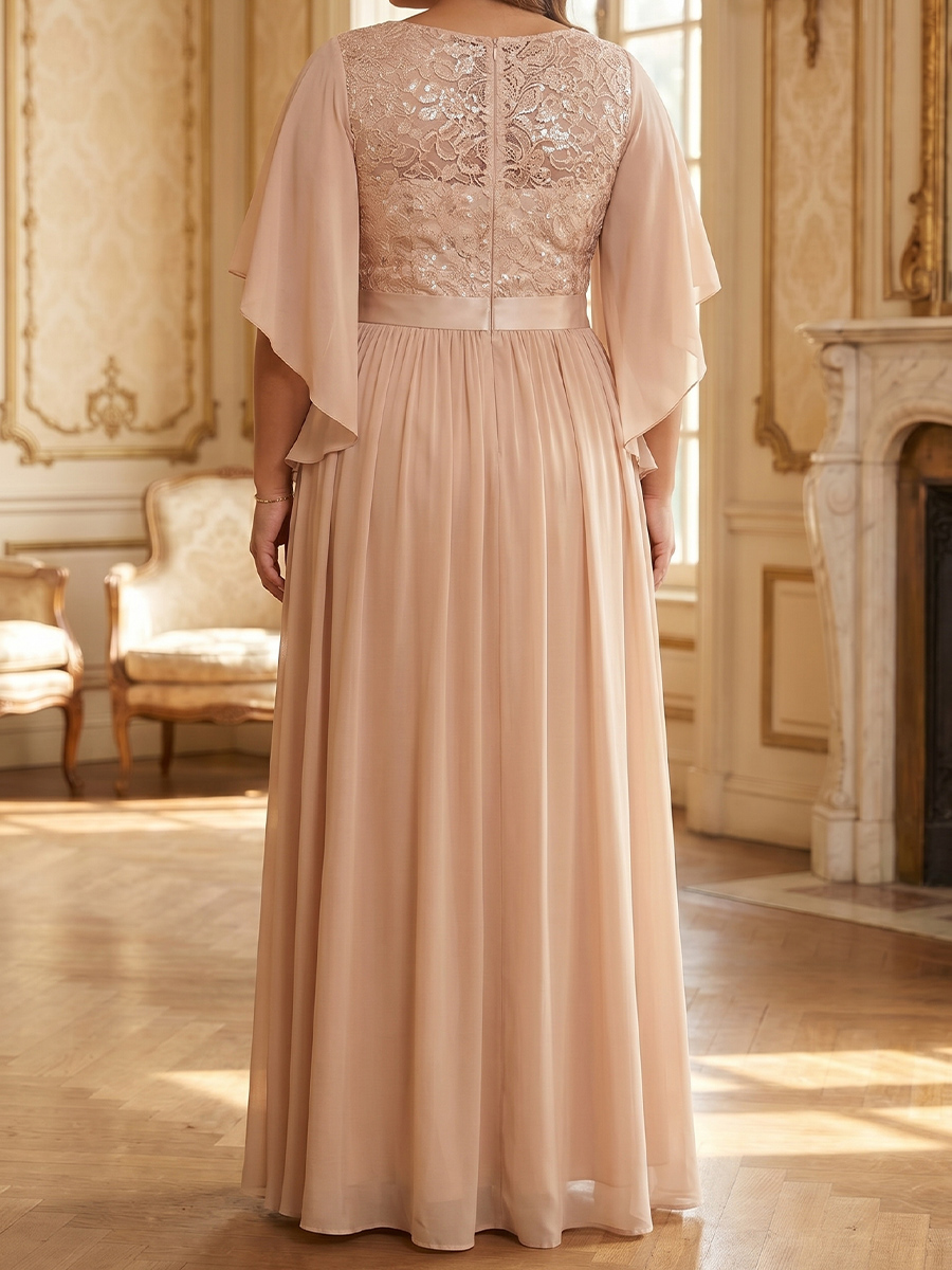 A-line/Princess Scoop 1/2 Sleeves Appliques Lace Floor-Length Chiffon Mother of the Bride Dresses