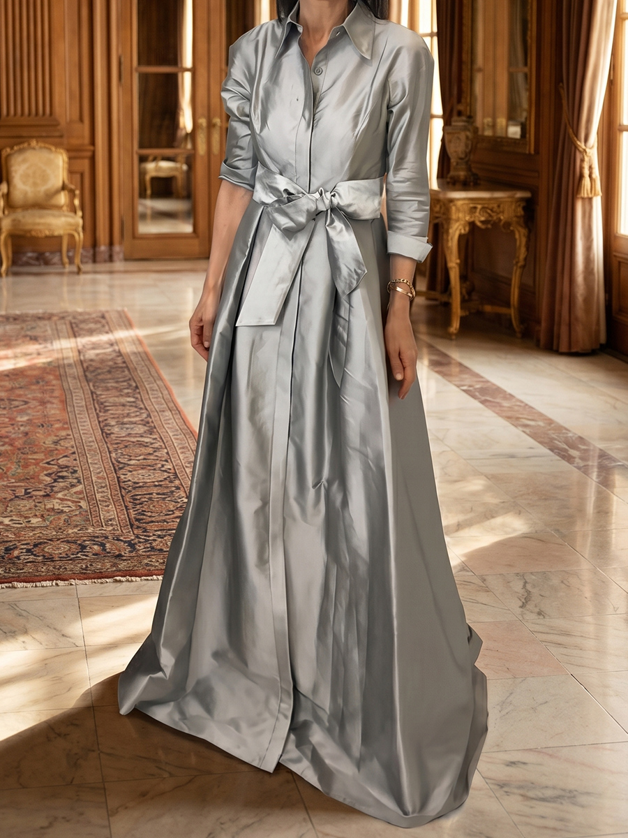 A-line/Princess V-neck 3/4 Sleeves Bow Floor-Length Silk Like Satin Mother of the Bride Dresses