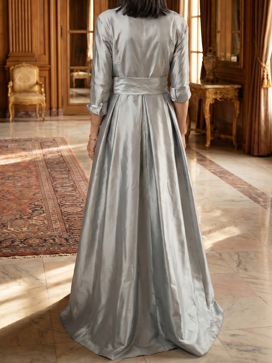 A-line/Princess V-neck 3/4 Sleeves Bow Floor-Length Silk Like Satin Mother of the Bride Dresses