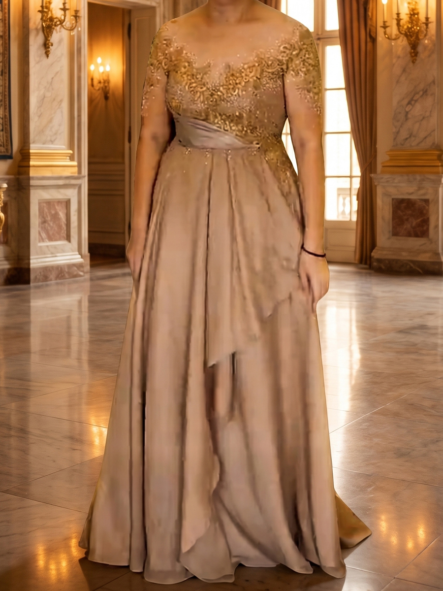 A-line/Princess Illusion 1/2 Sleeves Appliques Lace Floor-Length Chiffon Mother of the Bride Dresses