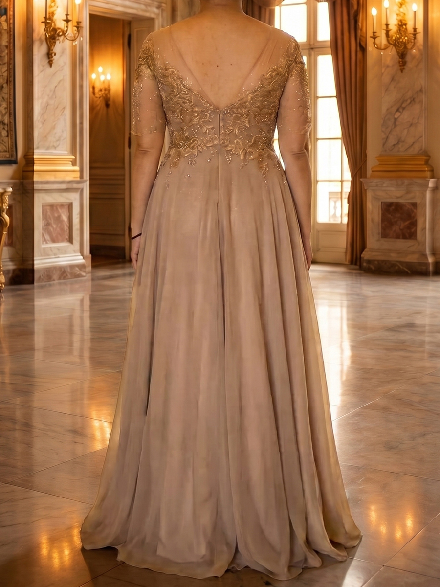 A-line/Princess Illusion 1/2 Sleeves Appliques Lace Floor-Length Chiffon Mother of the Bride Dresses