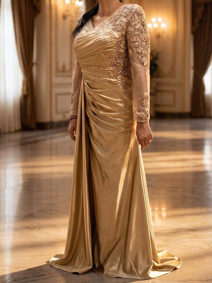 Sheath/Column V-neck Long Sleeves Appliques Lace Floor-Length Satin Mother of the Bride Dresses