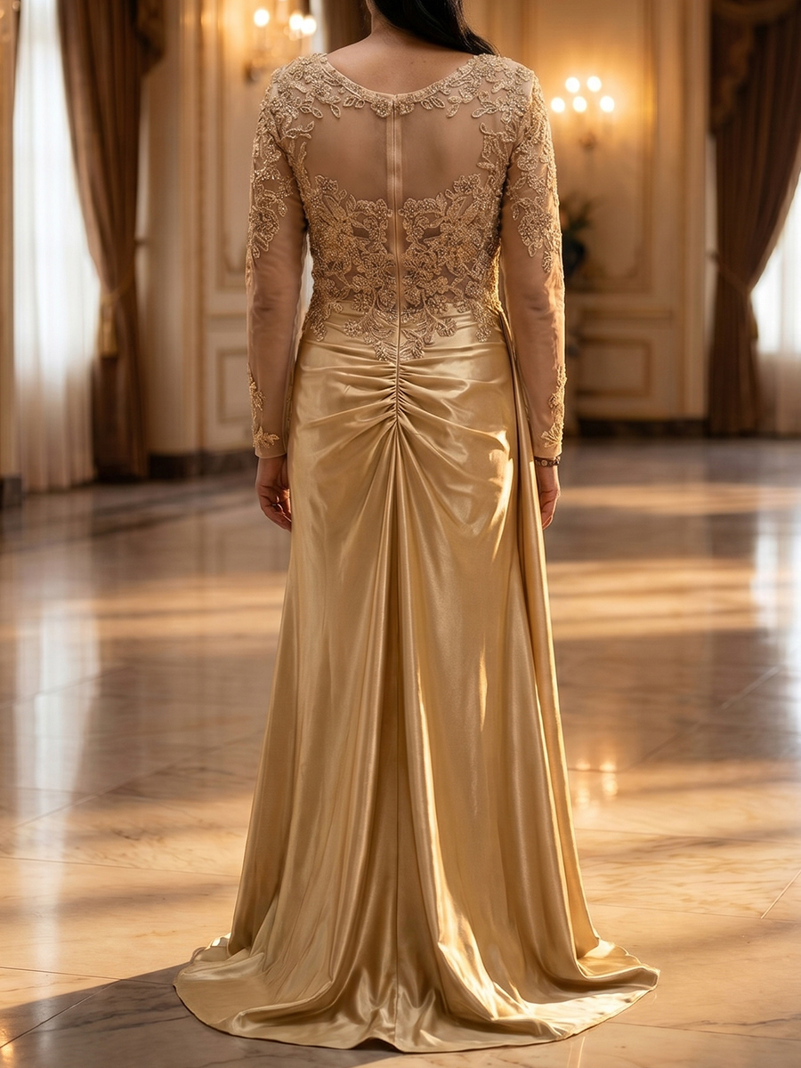 Sheath/Column V-neck Long Sleeves Appliques Lace Floor-Length Satin Mother of the Bride Dresses
