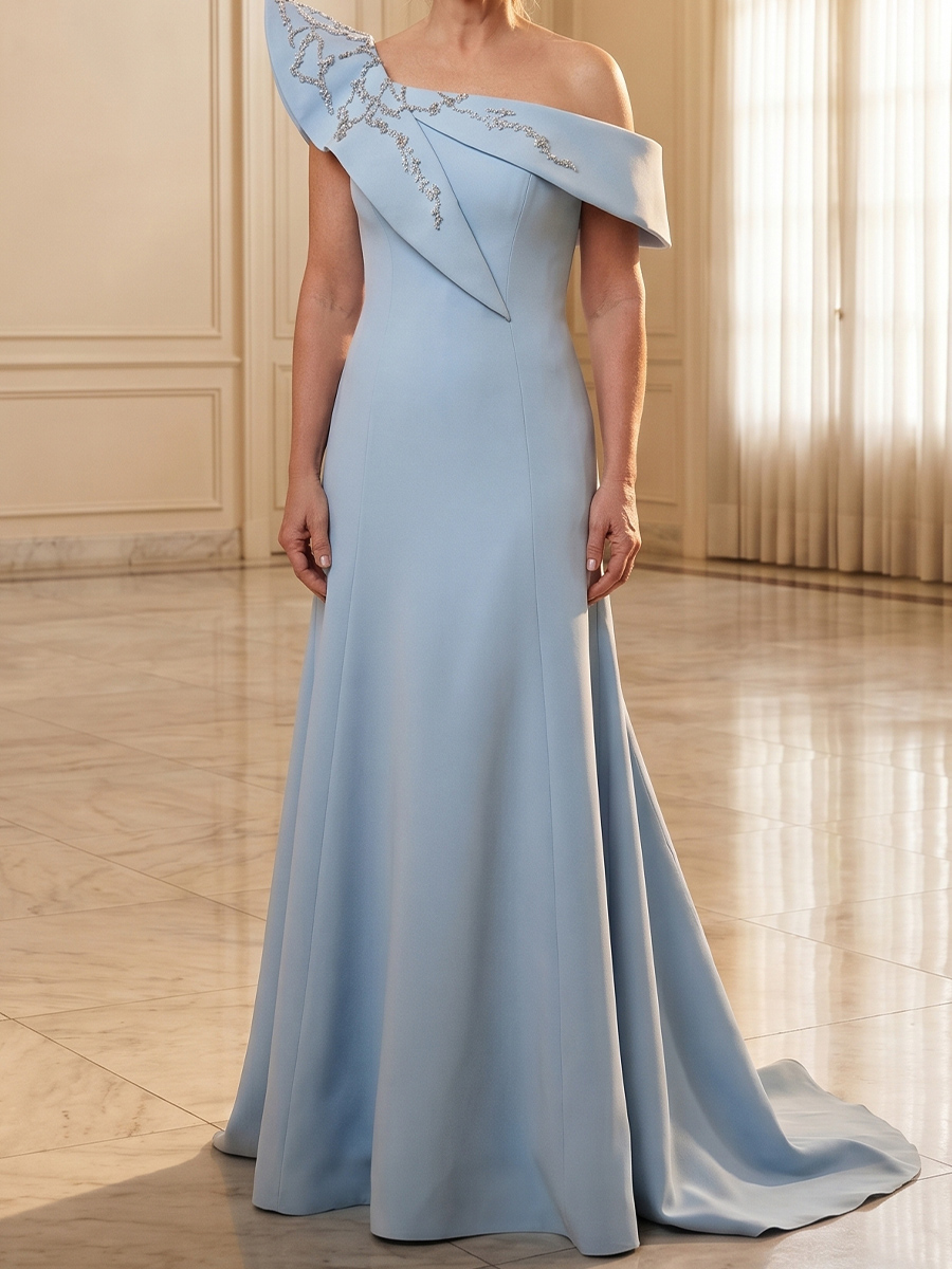 A-line/Princess One-Shoulder Beading Sweep Train Stretch Crepe Mother of the Bride Dresses