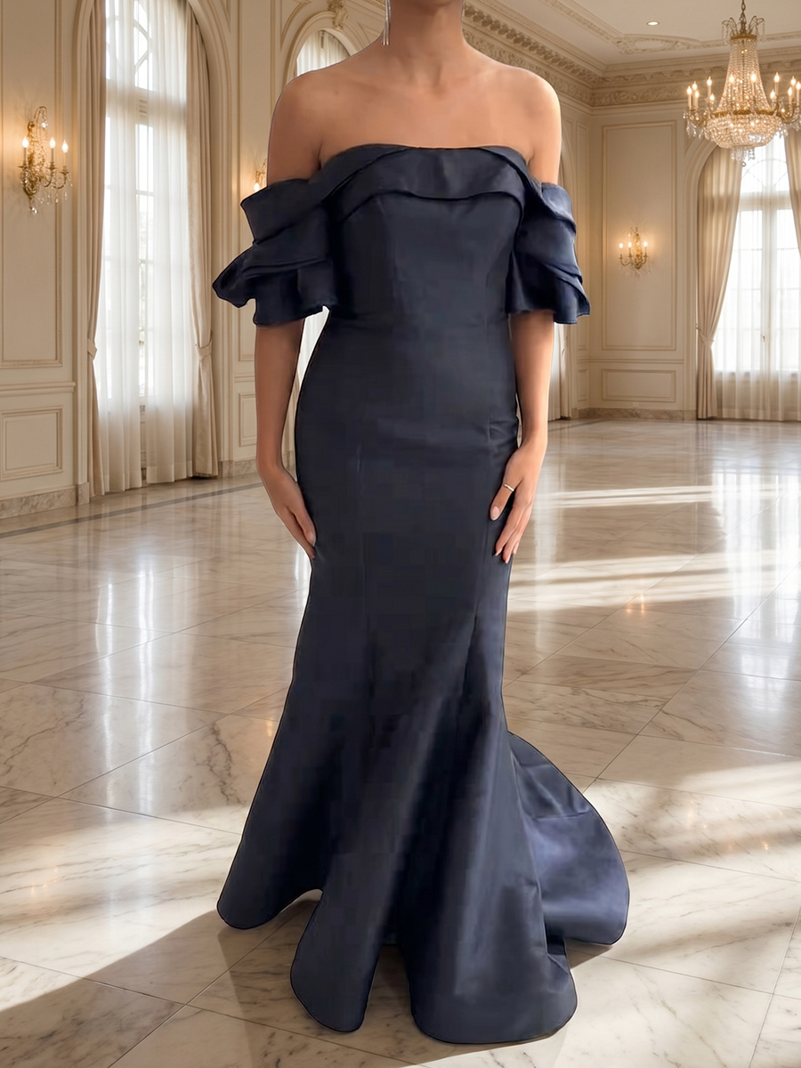Sheath/Column Off-the-Shoulder Sweep Train Satin Mother of the Bride Dresses