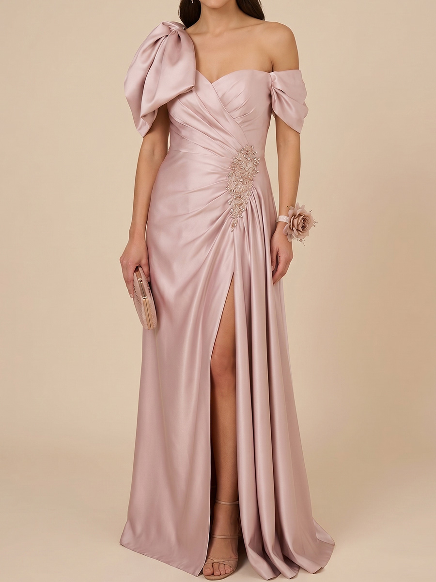Sheath/Column One-Shoulder Short Sleeves Bow Floor-Length Satin Mother of the Bride Dresses