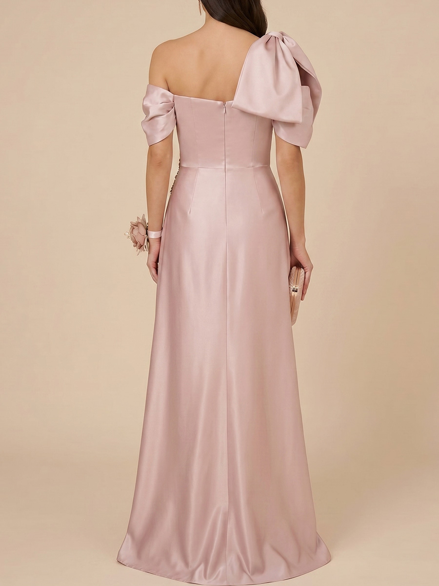 Sheath/Column One-Shoulder Short Sleeves Bow Floor-Length Satin Mother of the Bride Dresses