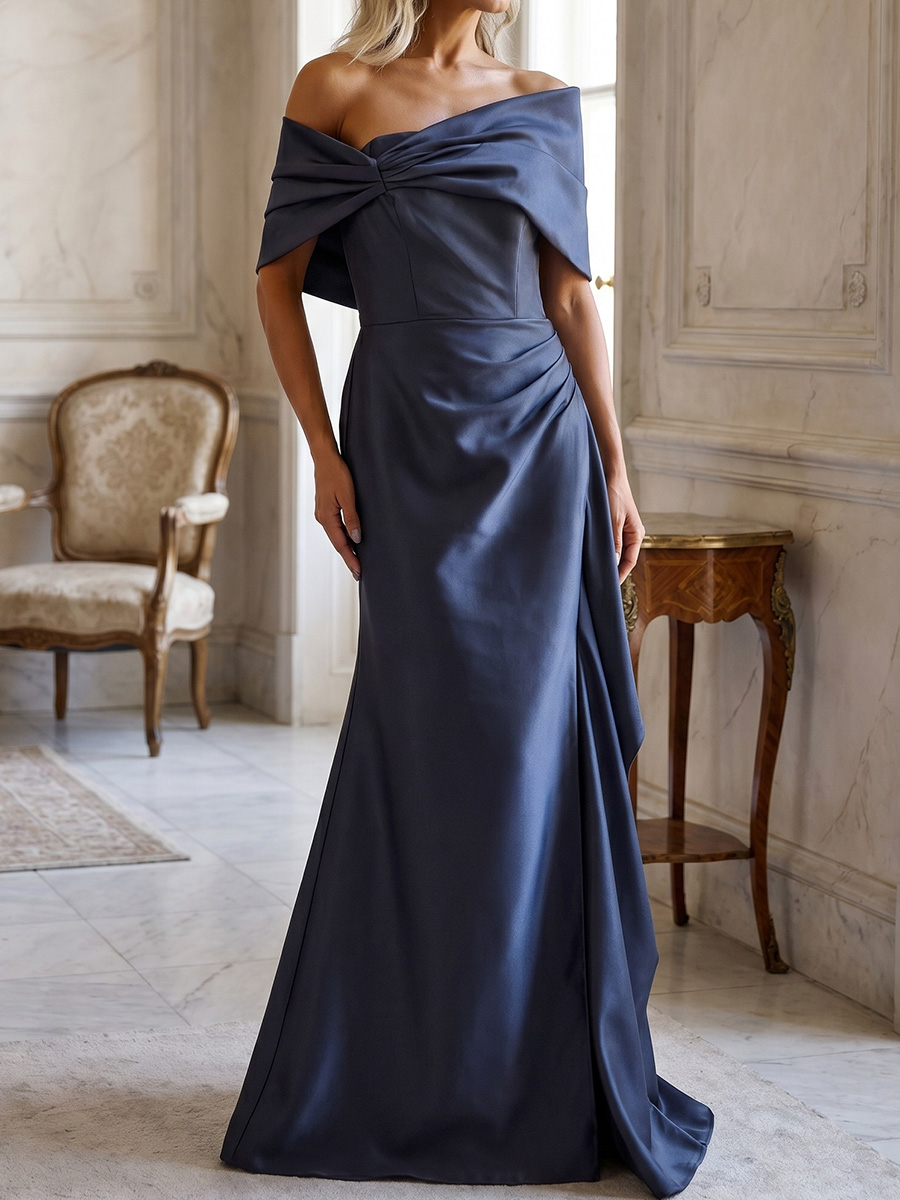 Sheath/Column Off-the-Shoulder Short Sleeves Ruffles Floor-Length Satin Mother of the Bride Dresses