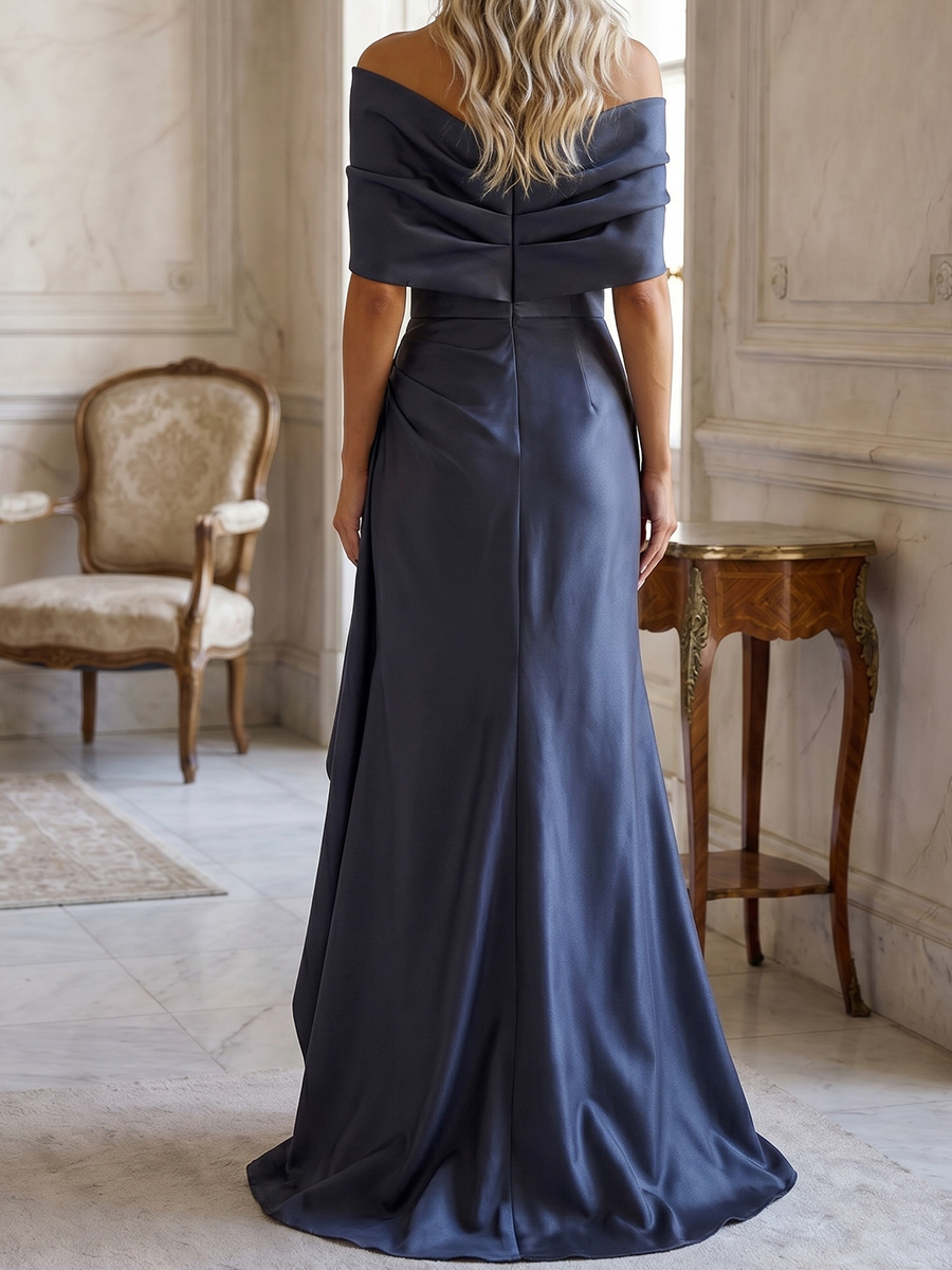 Sheath/Column Off-the-Shoulder Short Sleeves Ruffles Floor-Length Satin Mother of the Bride Dresses