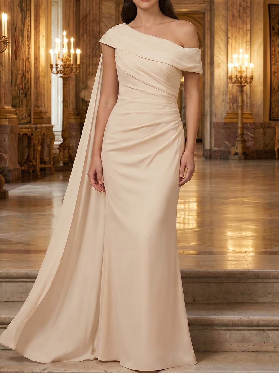 Sheath/Column One-Shoulder Short Sleeves Pleated Floor-Length Stretch Crepe Mother of the Bride Dresses