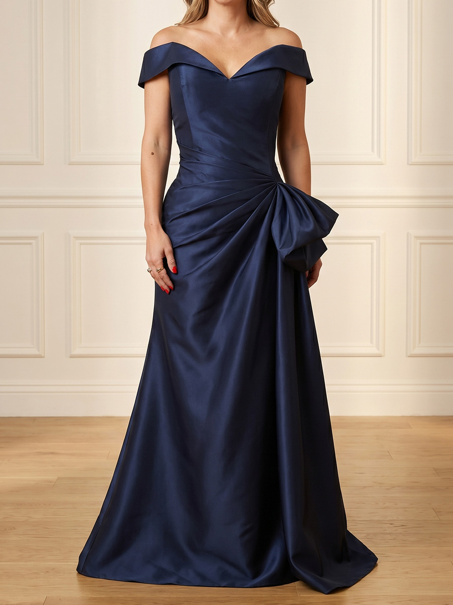 Sheath/Column Off-the-Shoulder Short Sleeves Pleated Floor-Length Satin Mother of the Bride Dresses