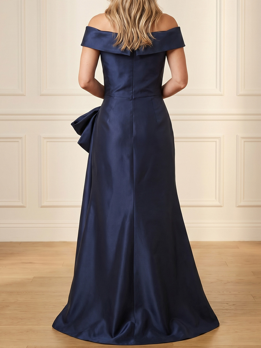 Sheath/Column Off-the-Shoulder Short Sleeves Pleated Floor-Length Satin Mother of the Bride Dresses