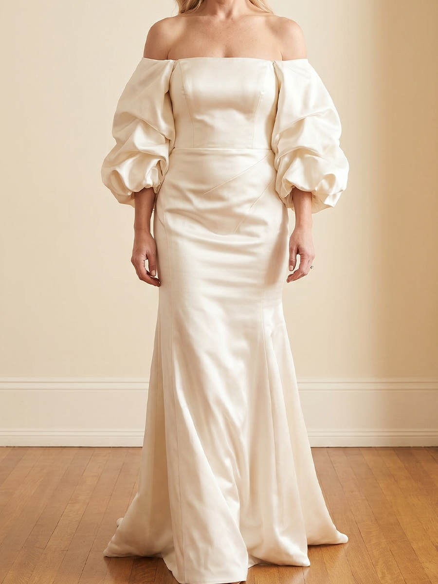 Sheath/Column Off-the-Shoulder 3/4 Sleeves Pleated Floor-Length Satin Mother of the Bride Dresses