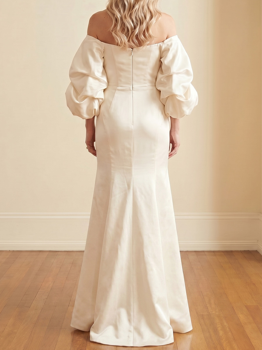 Sheath/Column Off-the-Shoulder 3/4 Sleeves Pleated Floor-Length Satin Mother of the Bride Dresses