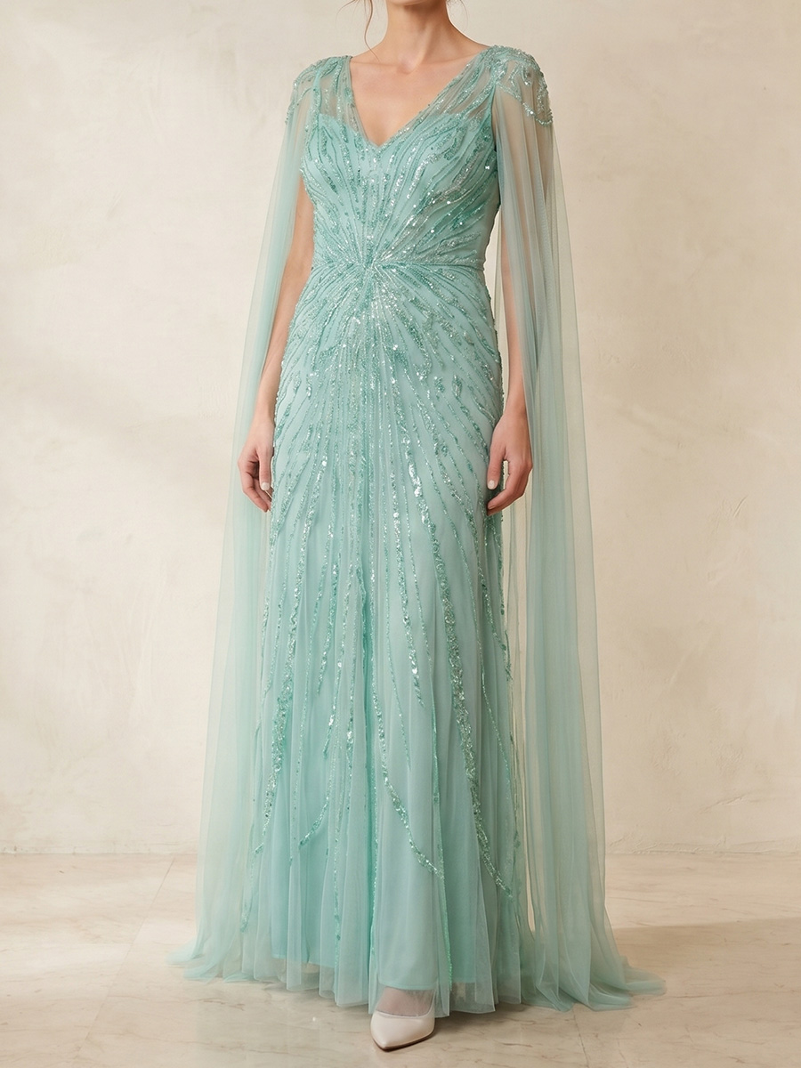Sheath/Column V-neck Beading Floor-Length Sequins Mother of the Bride Dresses
