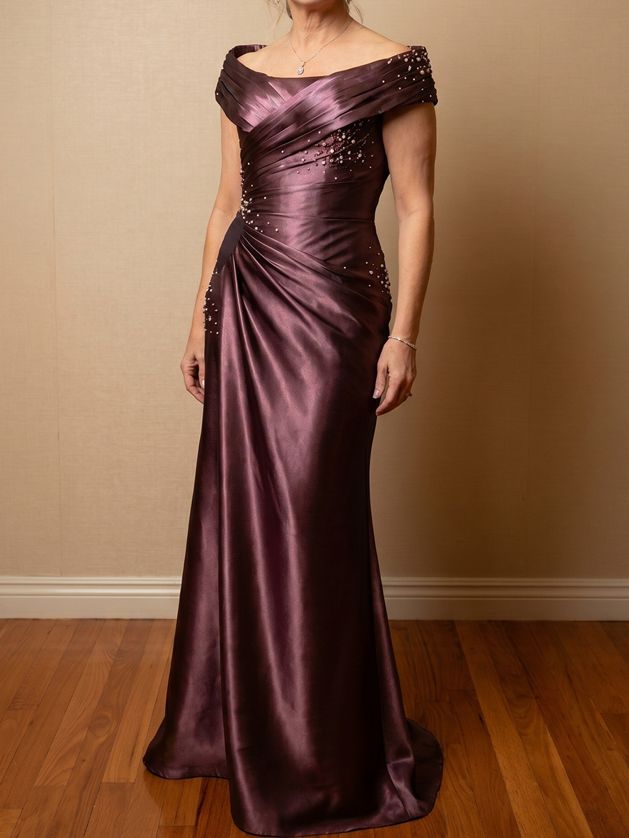 Sheath/Column Off-the-Shoulder Short Sleeves Beading Floor-Length Satin Mother of the Bride Dresses