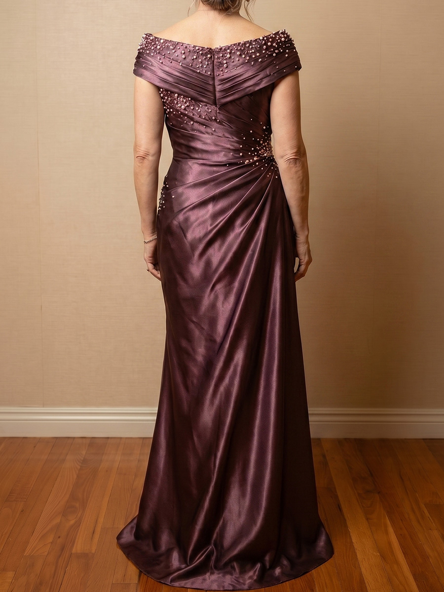 Sheath/Column Off-the-Shoulder Short Sleeves Beading Floor-Length Satin Mother of the Bride Dresses