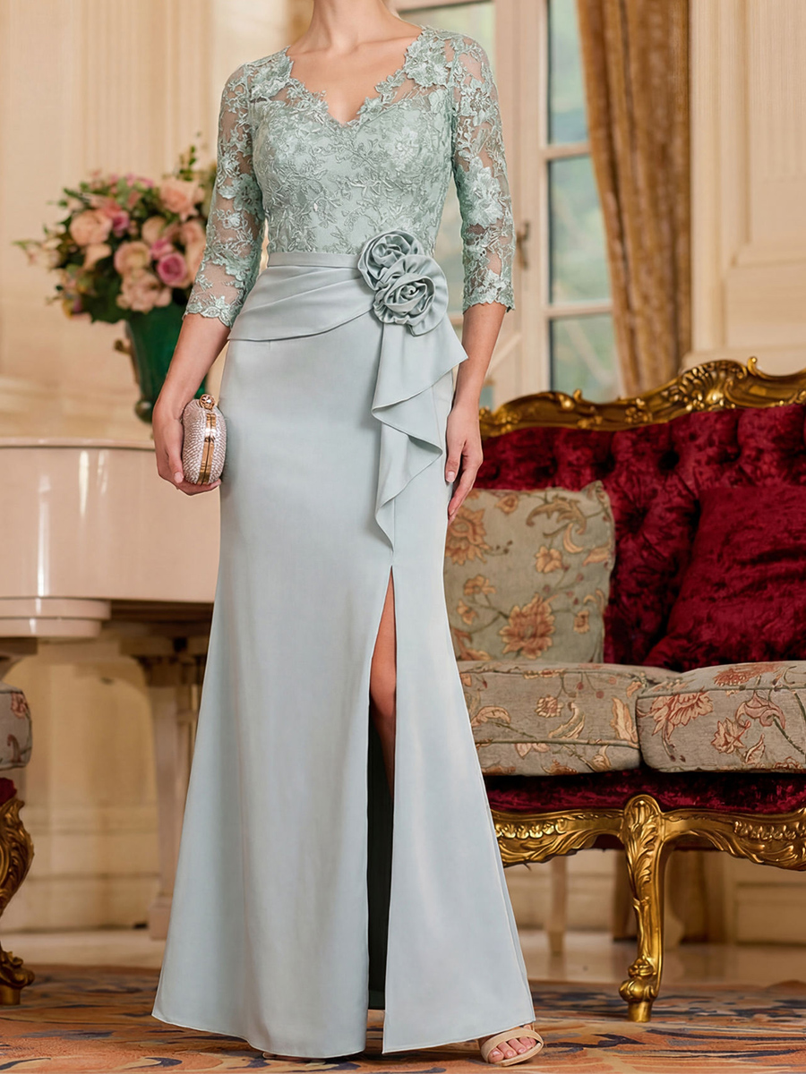 Sheath/Column V-neck 3/4 Sleeves Appliques Lace Floor-Length Stretch Crepe Mother of the Bride Dresses
