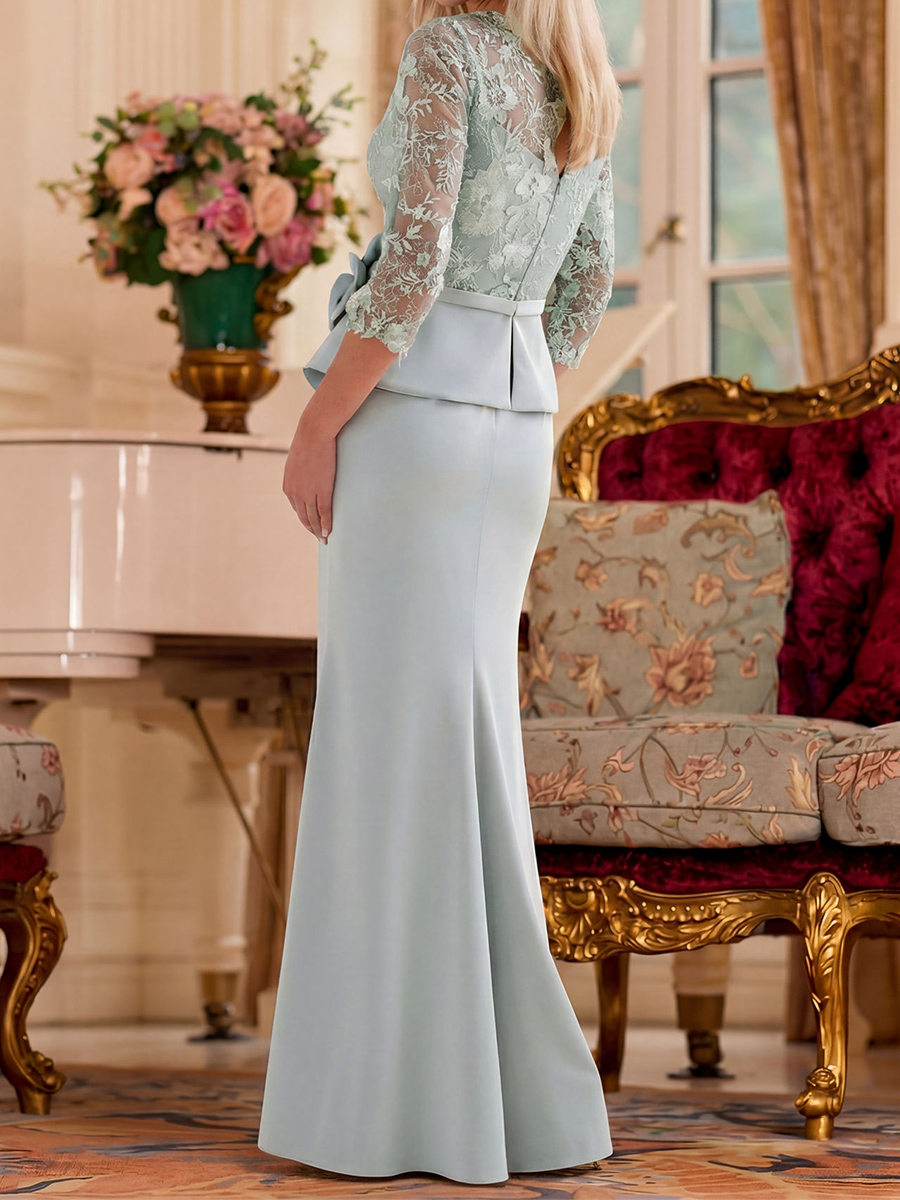 Sheath/Column V-neck 3/4 Sleeves Appliques Lace Floor-Length Stretch Crepe Mother of the Bride Dresses