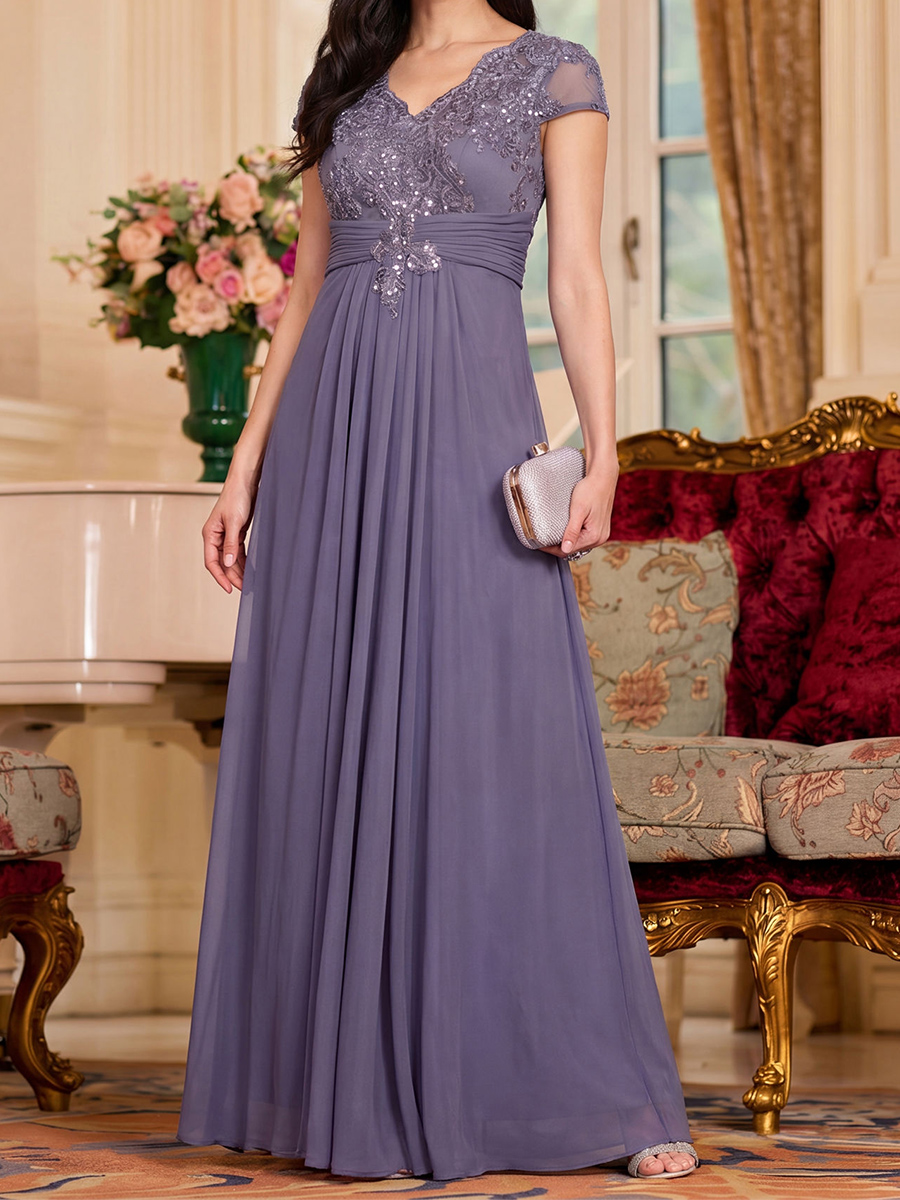 A-line/Princess V-neck Short Sleeves Appliques Lace Floor-Length Chiffon Mother of the Bride Dresses