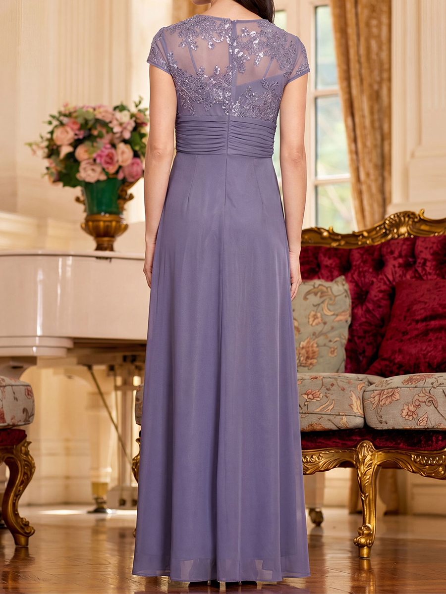 A-line/Princess V-neck Short Sleeves Appliques Lace Floor-Length Chiffon Mother of the Bride Dresses