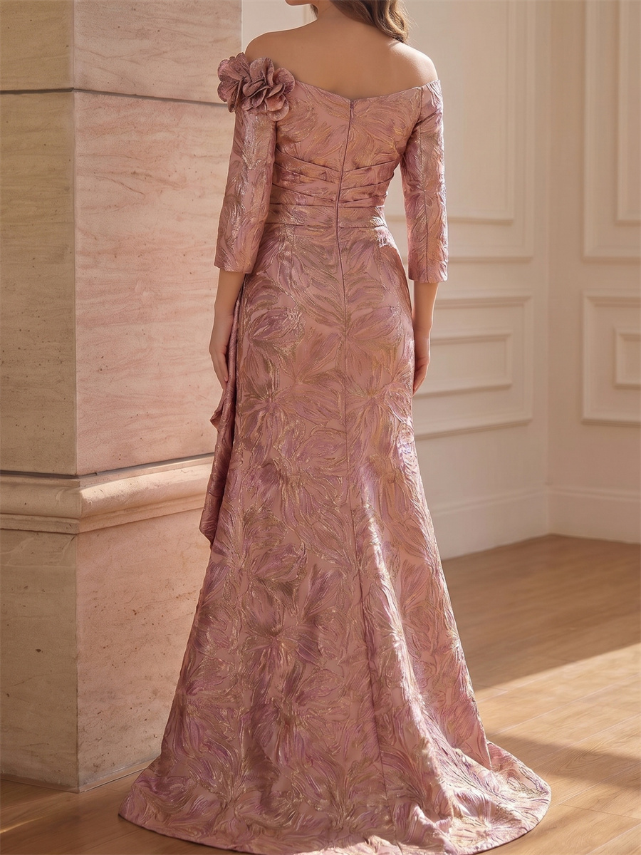 Sheath/Column Off-the-Shoulder 3/4 Sleeves Flower Floor-Length Satin Mother of the Bride Dresses