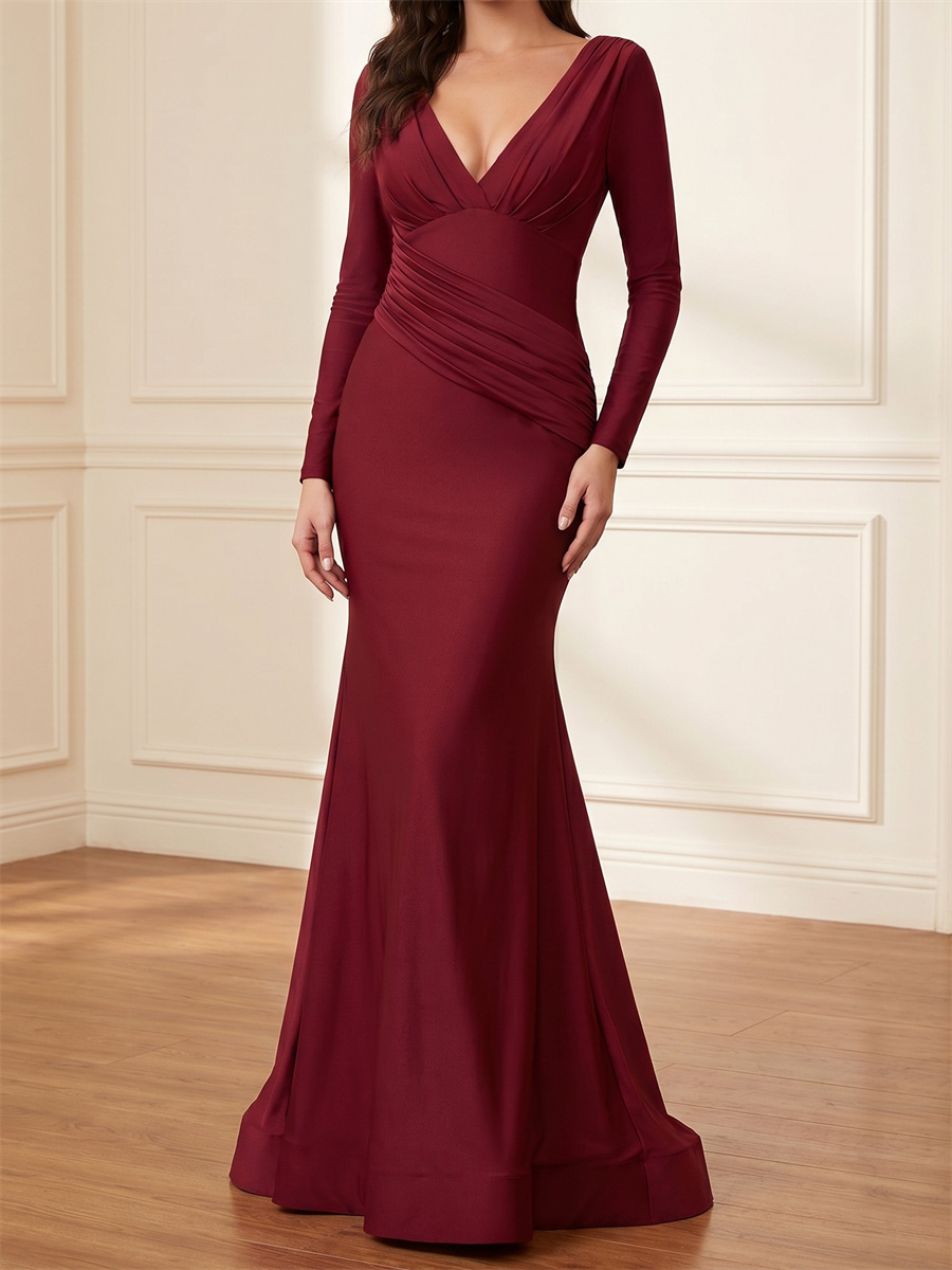Sheath/Column V-neck Long Sleeves Pleated Floor-Length Silk Like Satin Mother of the Bride Dresses
