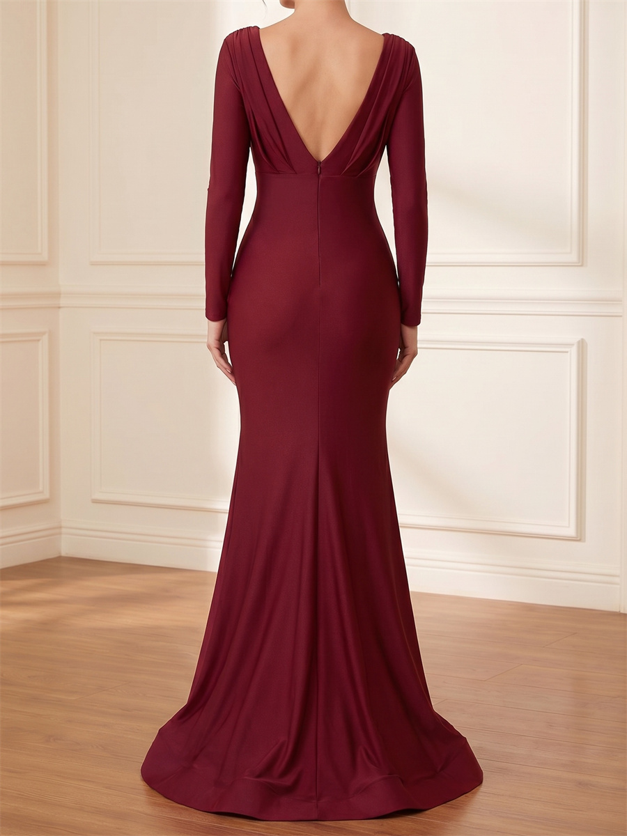 Sheath/Column V-neck Long Sleeves Pleated Floor-Length Silk Like Satin Mother of the Bride Dresses