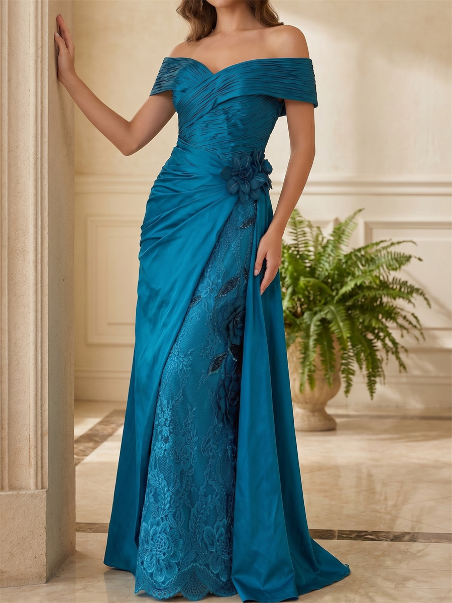 Sheath/Column Off-the-Shoulder Short Sleeves Flower Floor-Length Silk Like Satin Mother of the Bride Dresses
