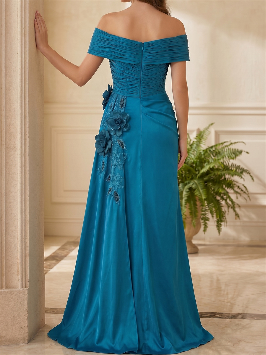 Sheath/Column Off-the-Shoulder Short Sleeves Flower Floor-Length Silk Like Satin Mother of the Bride Dresses