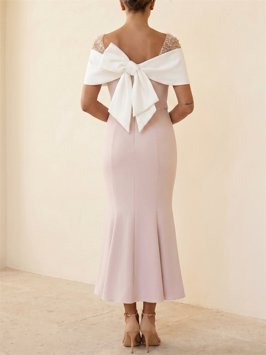 Sheath/Column Square Short Sleeves Bow Ankle-Length Stretch Crepe Mother of the Bride Dresses