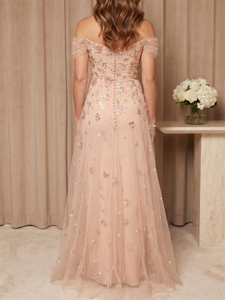 Sheath/Column Off-the-Shoulder Short Sleeves Beading Floor-Length Tulle Mother of the Bride Dresses