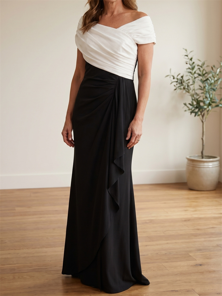 Sheath/Column Off-the-Shoulder Short Sleeves Pleated Floor-Length Chiffon Mother of the Bride Dresses