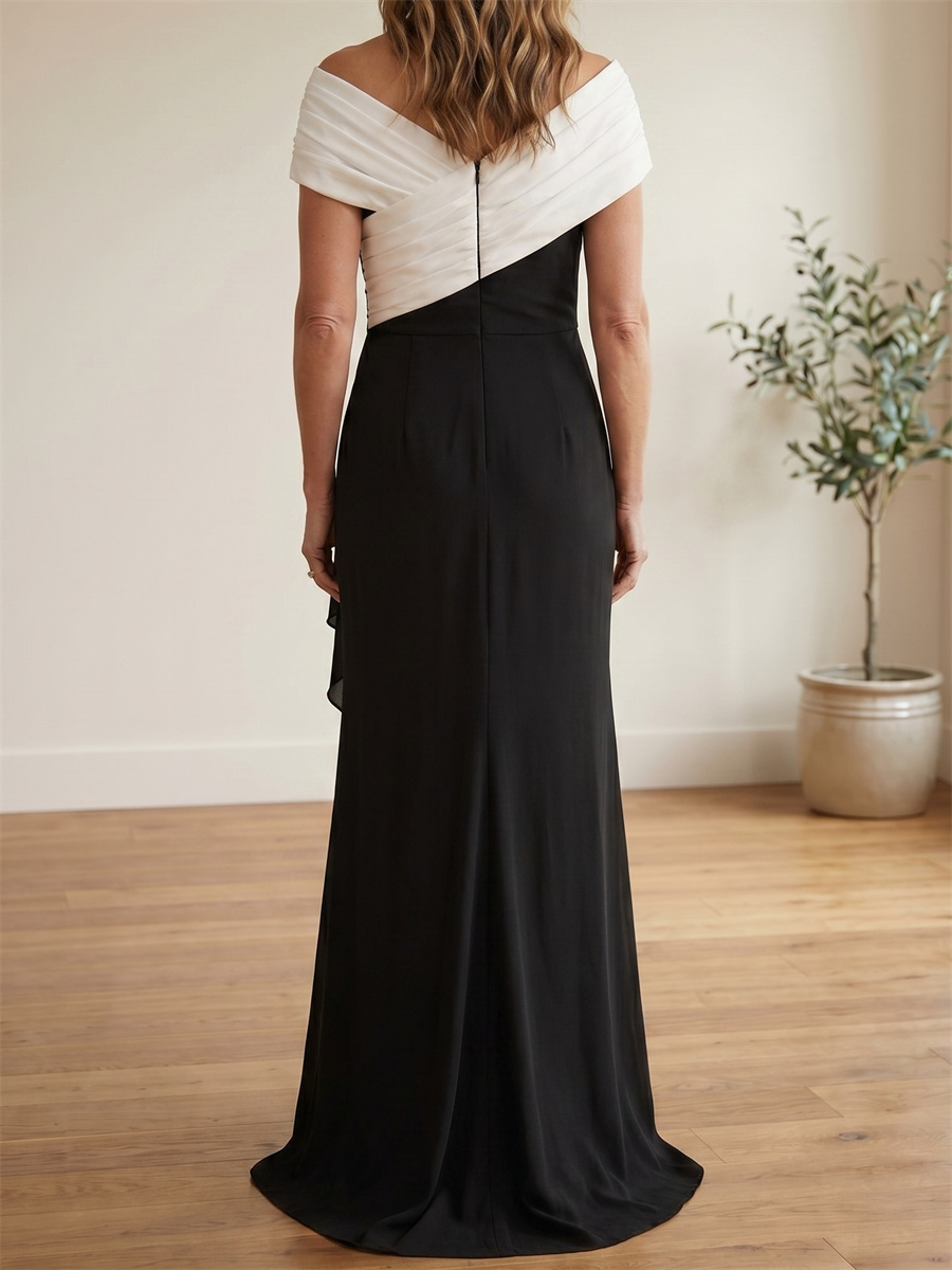 Sheath/Column Off-the-Shoulder Short Sleeves Pleated Floor-Length Chiffon Mother of the Bride Dresses
