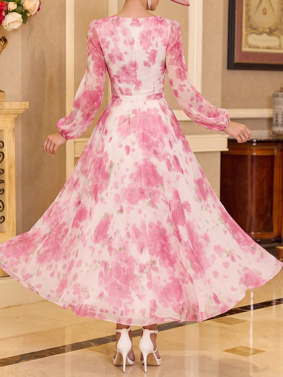 A-line/Princess Scoop Long Sleeves Flower Tea-Length Chiffon Mother of the Bride Dresses