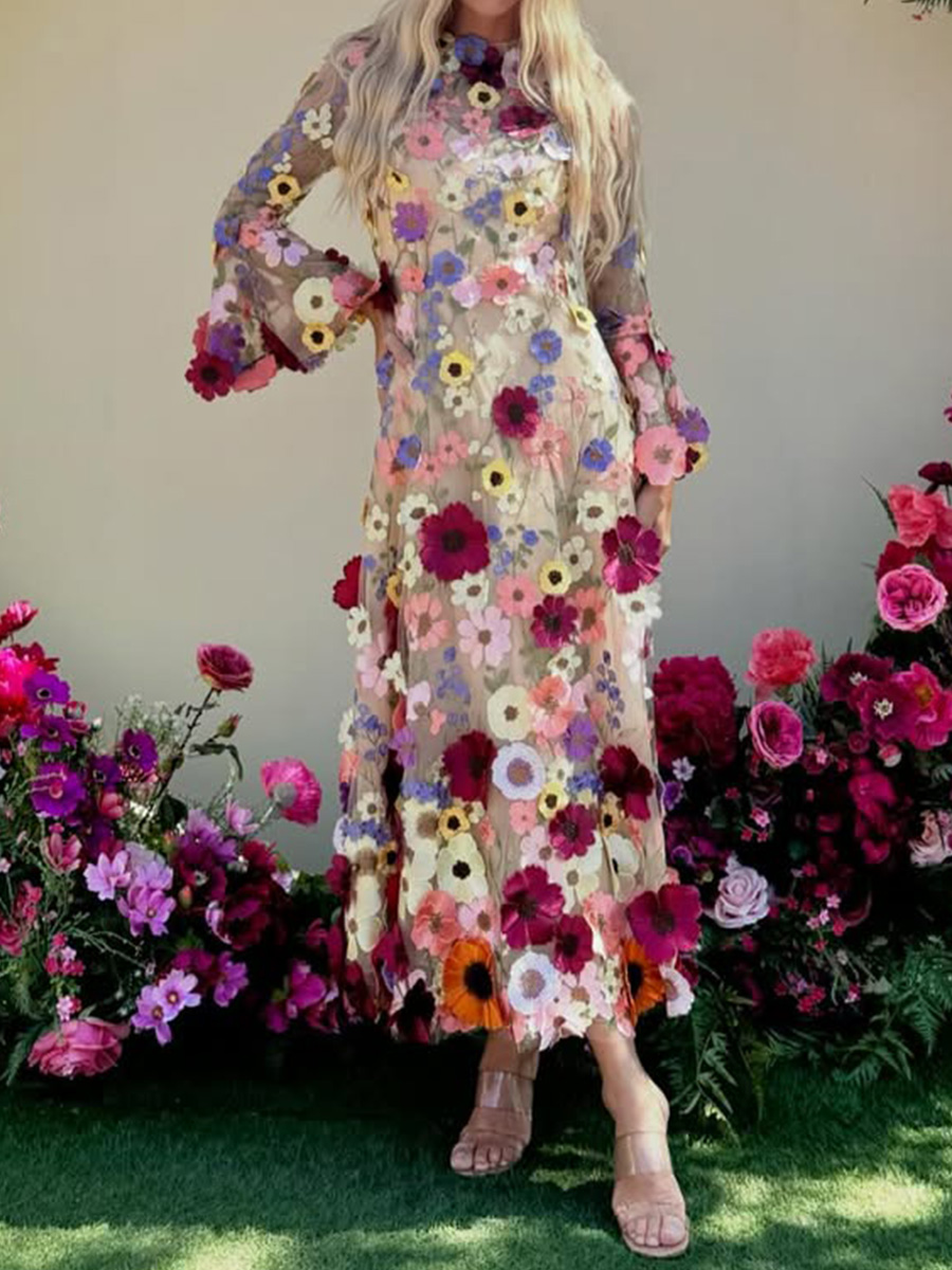 A-line/Princess High Neck Long Sleeves Flower Tea-Length Tulle Mother of the Bride Dresses