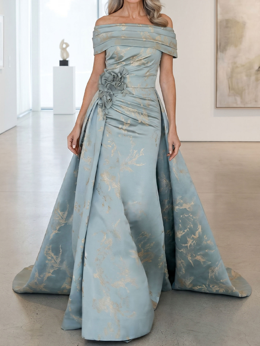 Sheath/Column Straight Short Sleeves Flower Floor-Length Satin Mother of the Bride Dresses