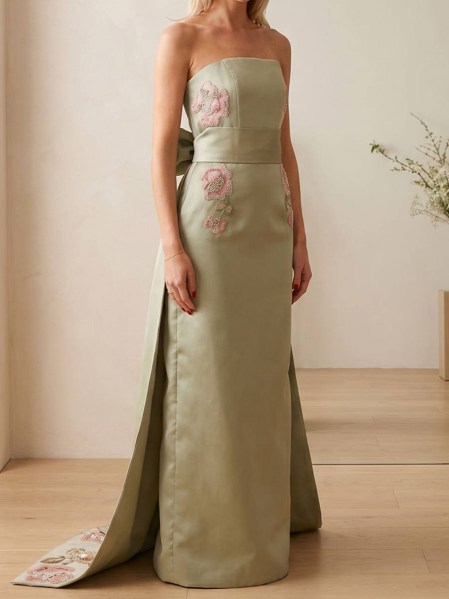 Sheath/Column Straight Bow Floor-Length Satin Mother of the Bride Dresses