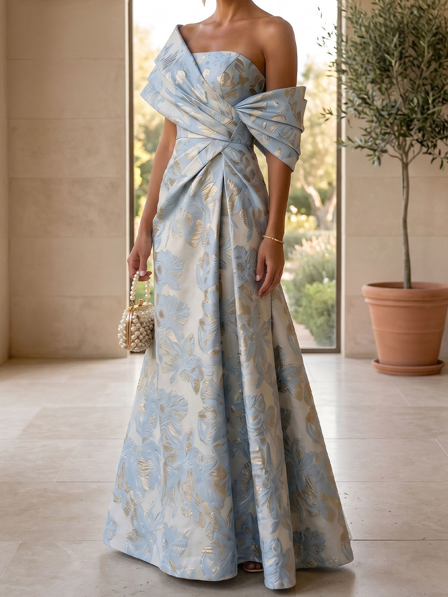 A-line/Princess Off-the-Shoulder Short Sleeves Pleated Floor-Length Satin Mother of the Bride Dresses