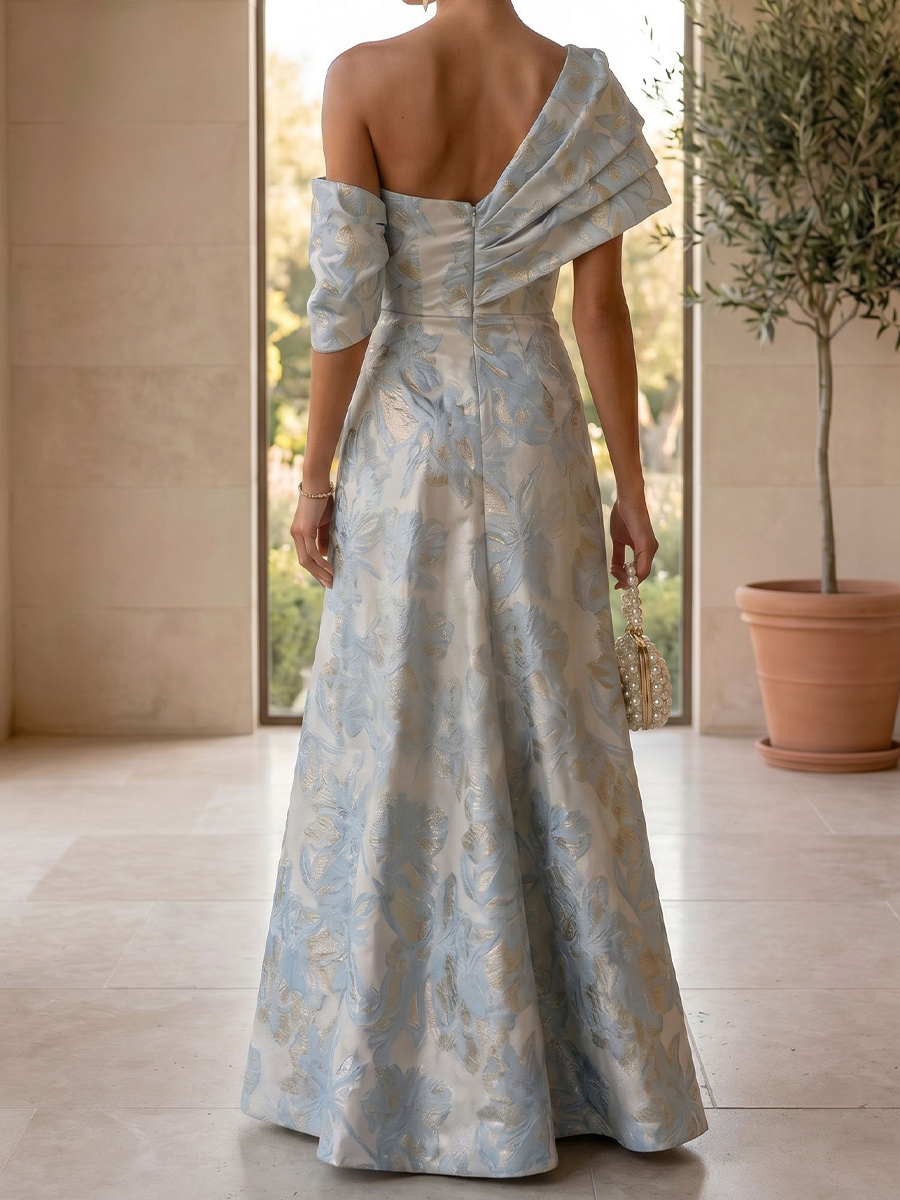 A-line/Princess Off-the-Shoulder Short Sleeves Pleated Floor-Length Satin Mother of the Bride Dresses